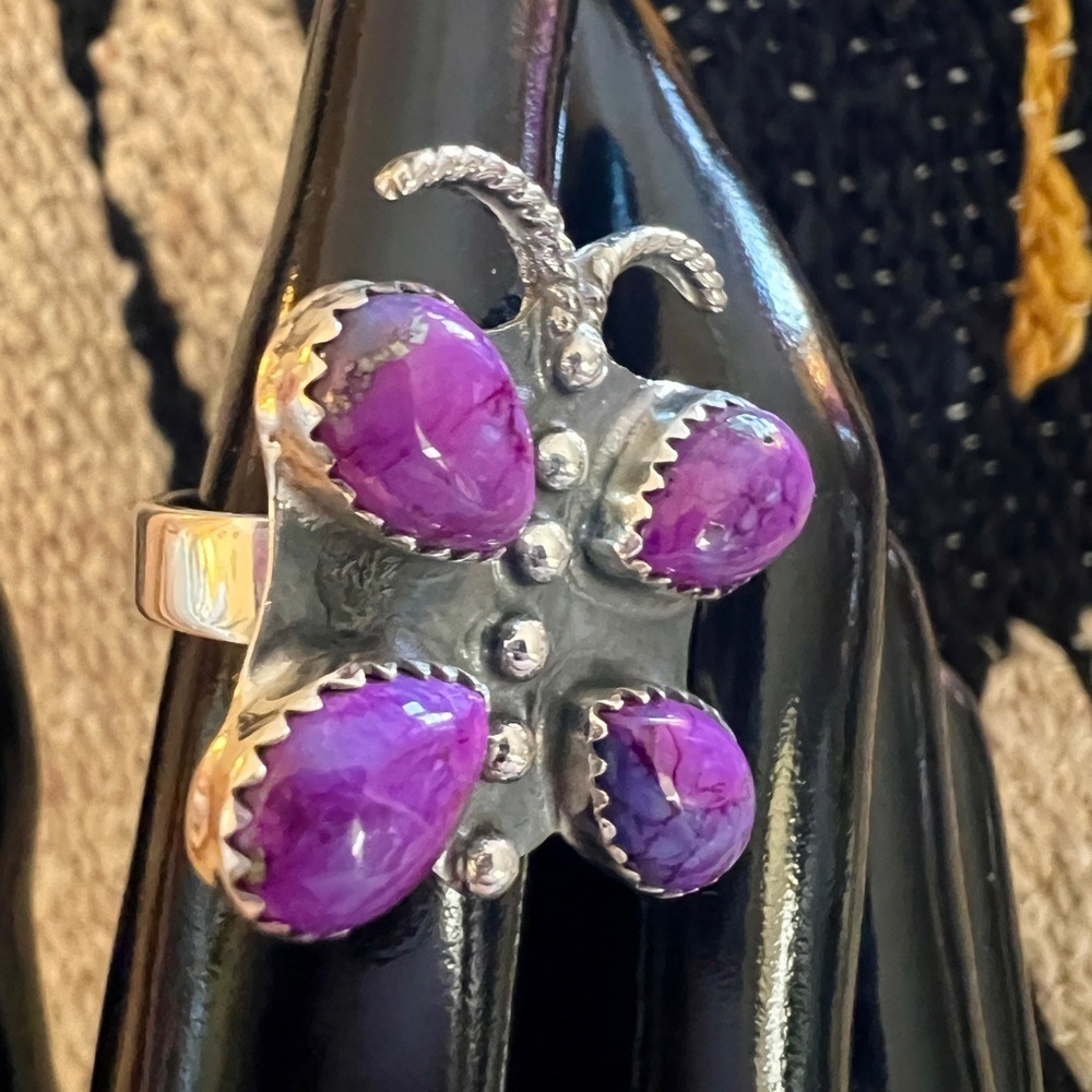 ❤️ Purple Dahlia Kingman Turquoise Butterfly Adjustable Sterling Ring 9.4 Gm - Picture 6 of 15